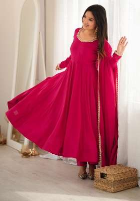 Rani Pink Lace Work Chanderi Anarkali Set