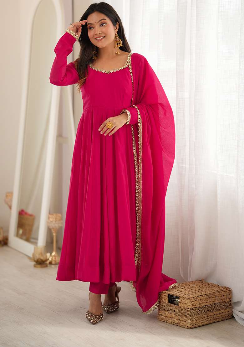 Rani Pink Lace Work Chanderi Anarkali Set - Indya