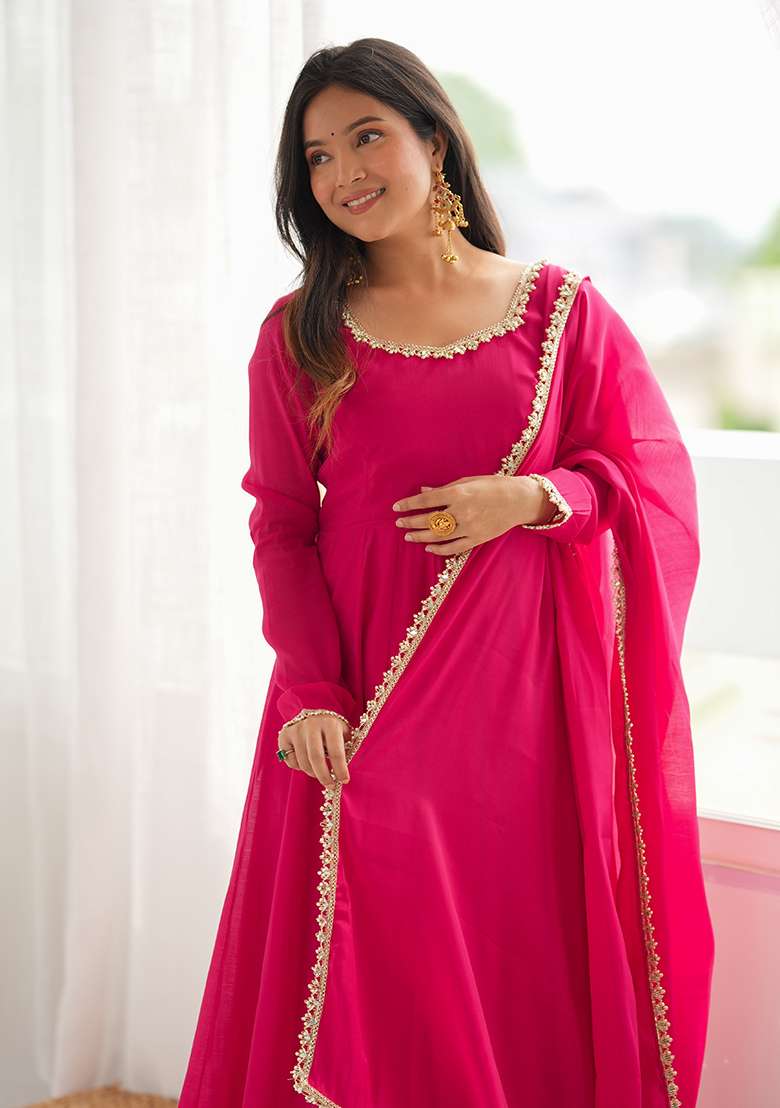 Rani Pink Lace Work Chanderi Anarkali Set - Indya