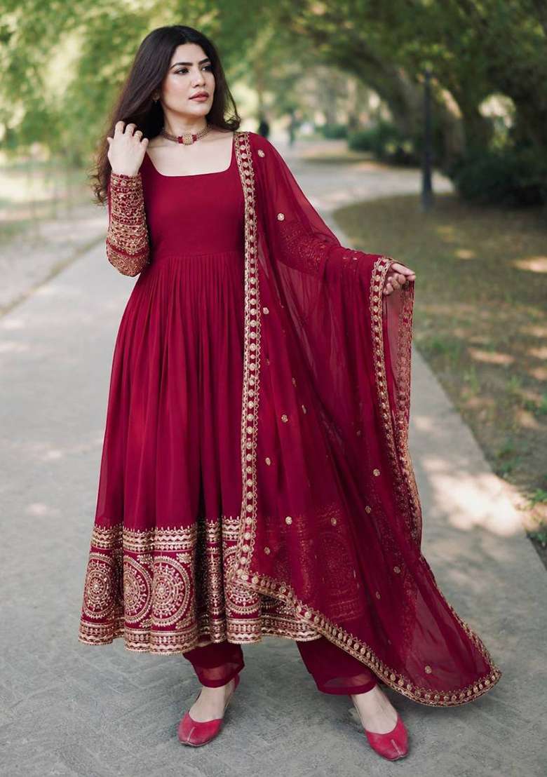 Maroon Embroidery Georgette Gown Set - Indya