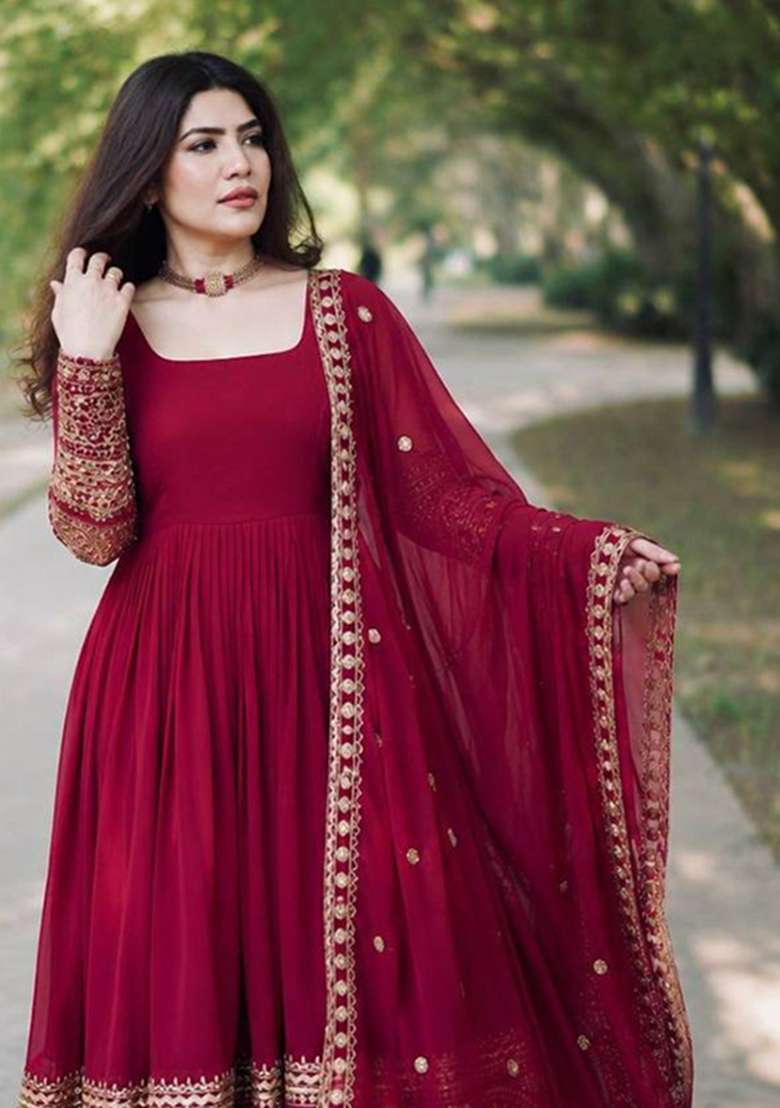 Maroon Embroidery Georgette Gown Set - Indya