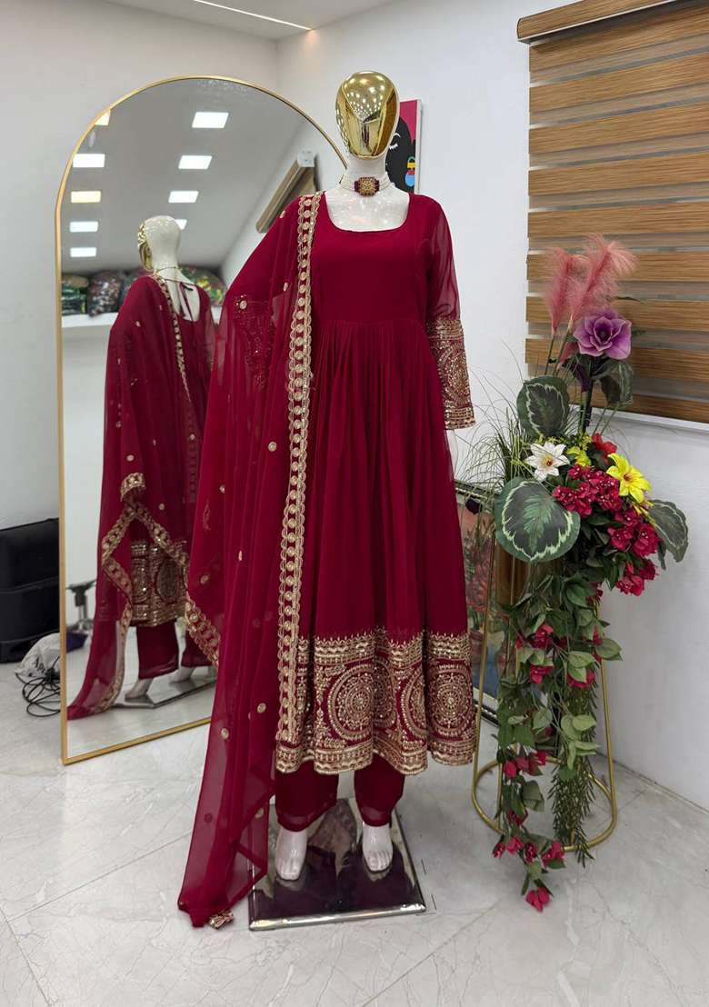 Maroon Embroidery Georgette Gown Set - Indya