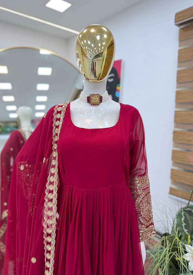 Maroon Embroidery Georgette Gown Set - Indya