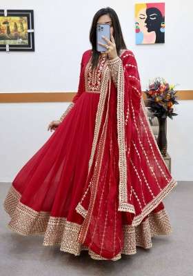 Red Embroidery Georgette Gown With Dupatta