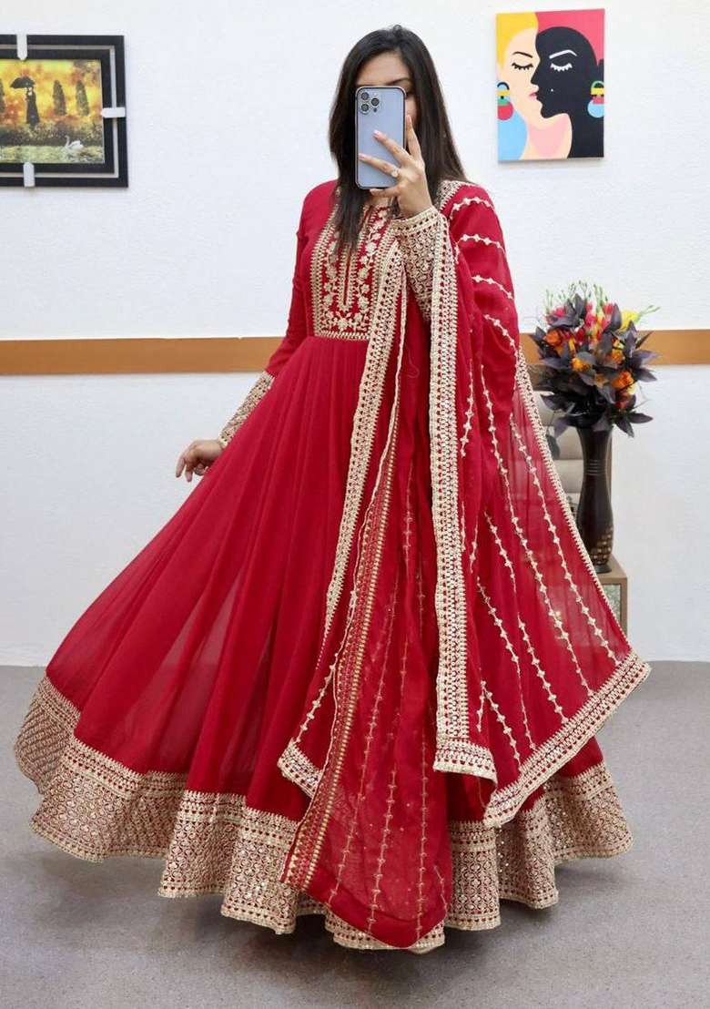 Red Embroidery Georgette Gown With Dupatta - Indya