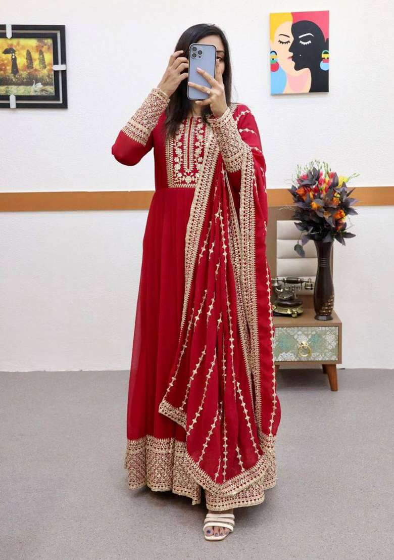 Red Embroidery Georgette Gown With Dupatta - Indya