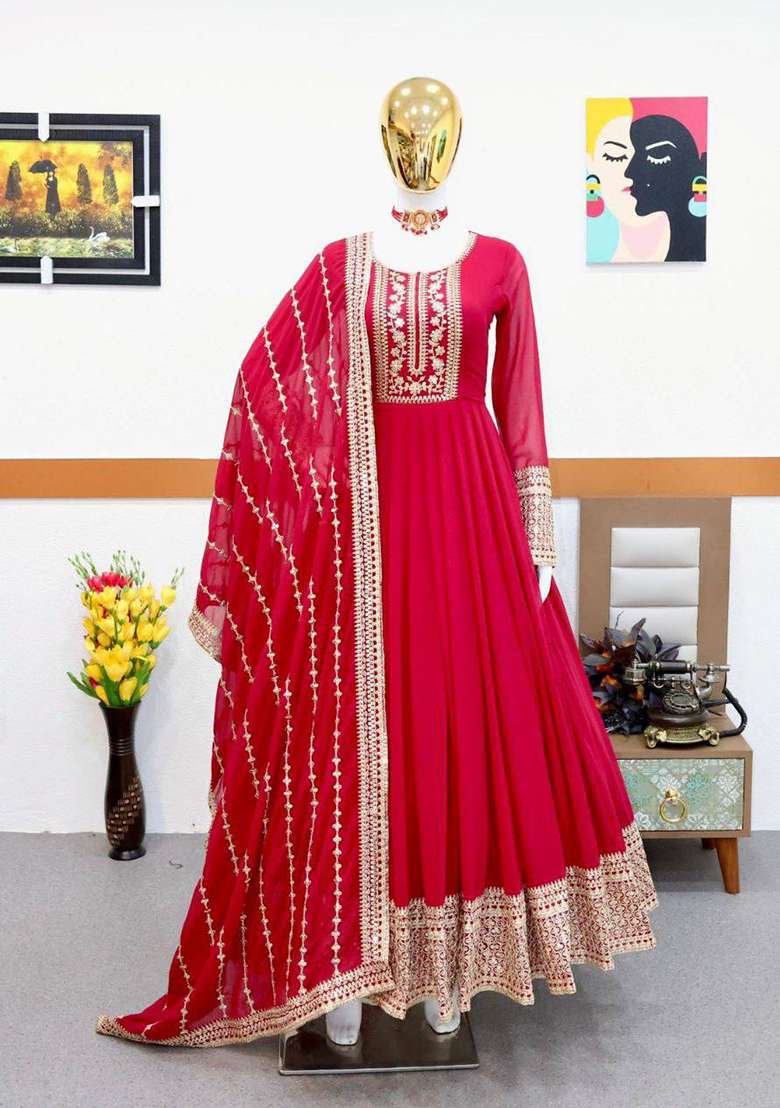 Red Embroidery Georgette Gown With Dupatta - Indya