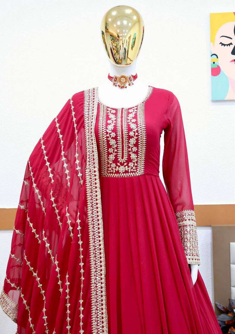 Red Embroidery Georgette Gown With Dupatta - Indya