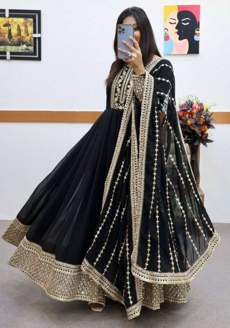 Black Embroidery Georgette Gown With Dupatta - Indya