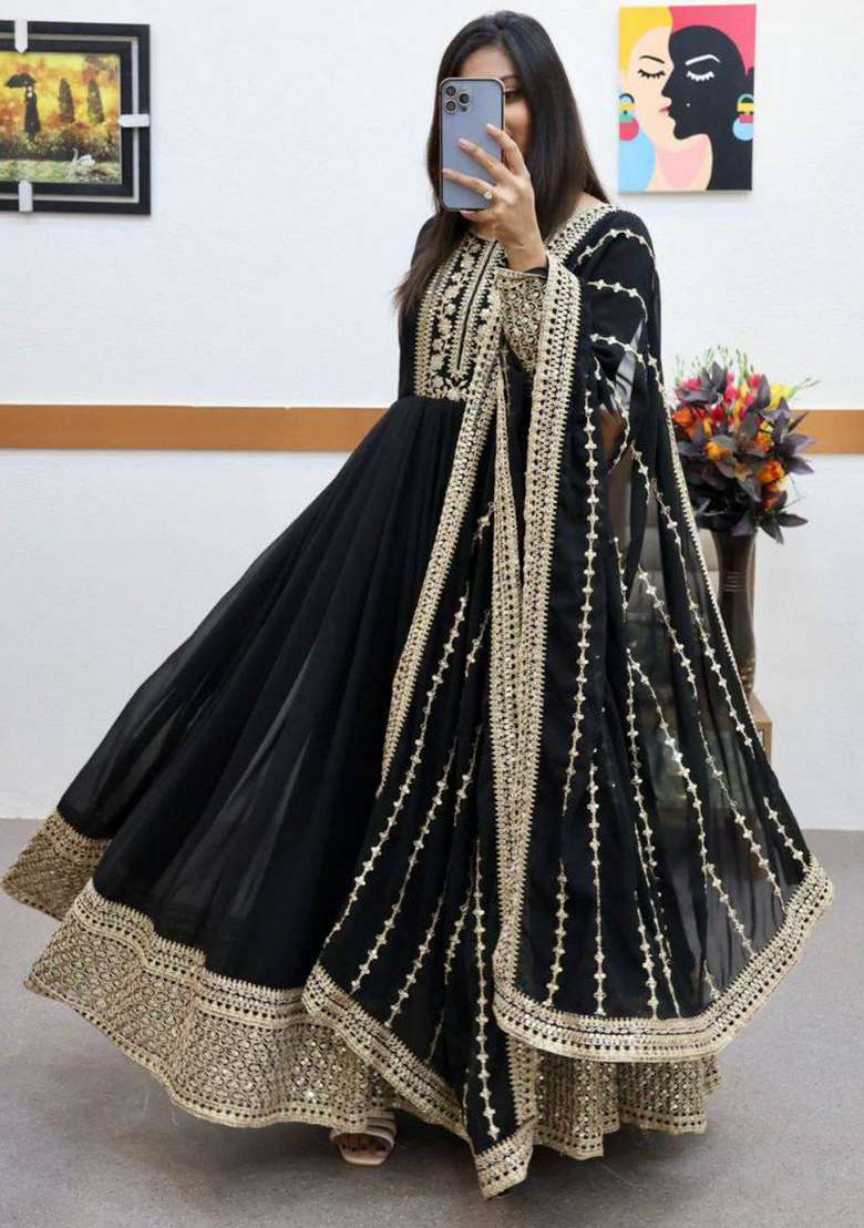 Black Embroidery Georgette Gown With Dupatta - Indya