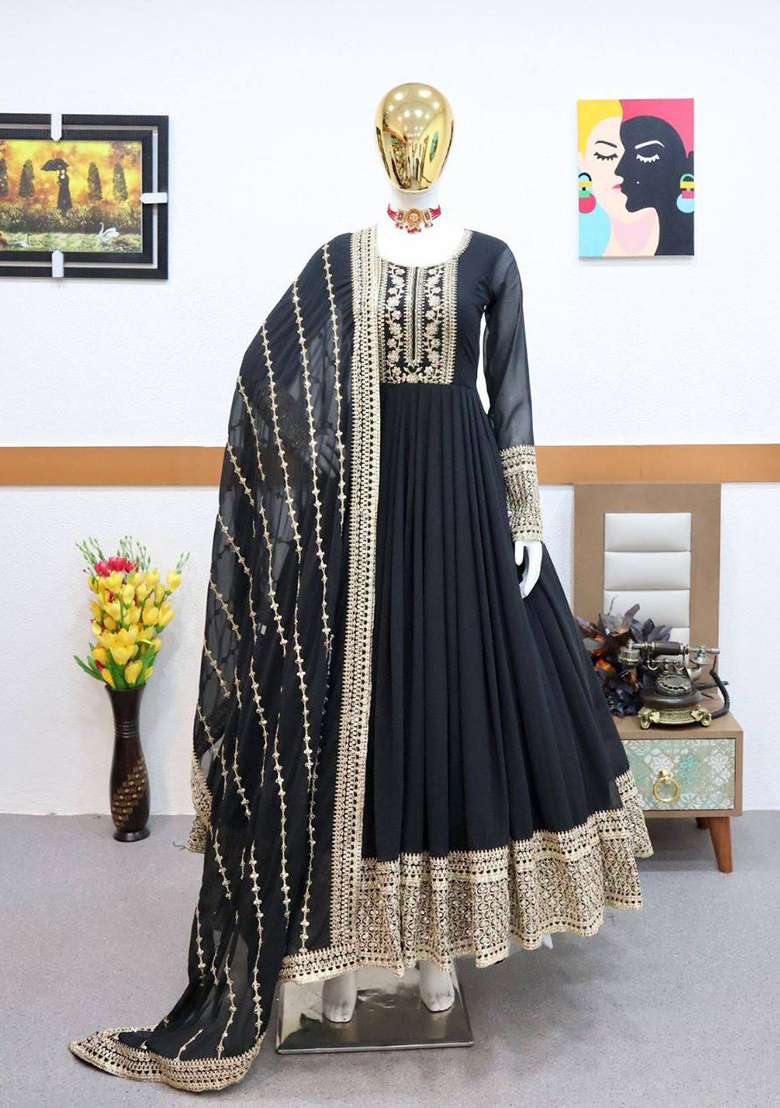 Black Embroidery Georgette Gown With Dupatta - Indya