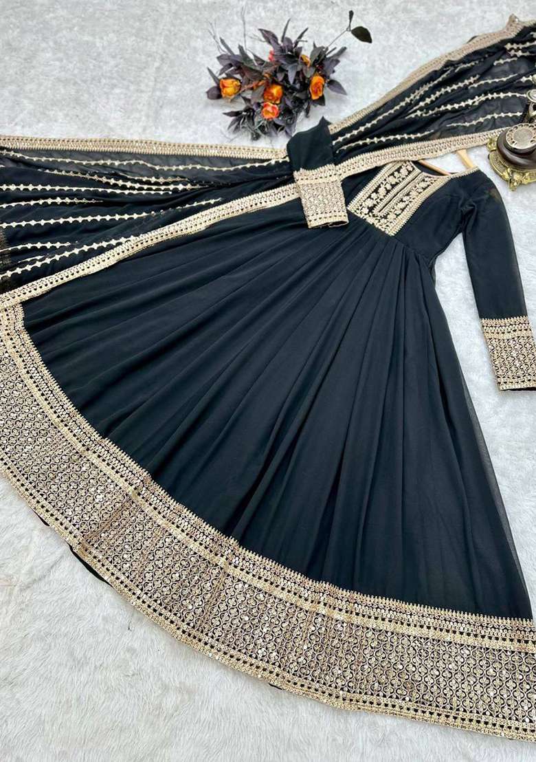 Black Embroidery Georgette Gown With Dupatta - Indya