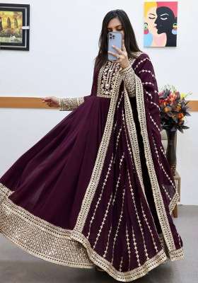 Wine Embroidery Georgette Gown With Dupatta