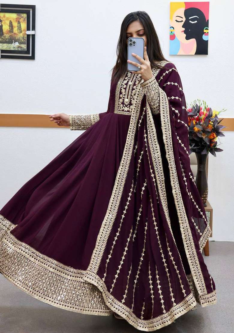 Wine Embroidery Georgette Gown With Dupatta - Indya