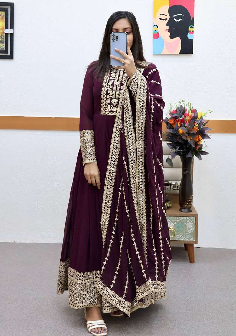 Wine Embroidery Georgette Gown With Dupatta - Indya