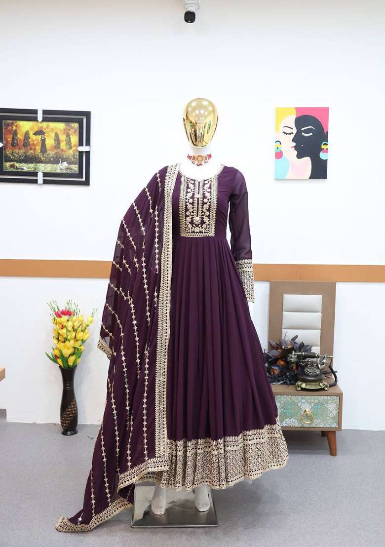 Wine Embroidery Georgette Gown With Dupatta - Indya