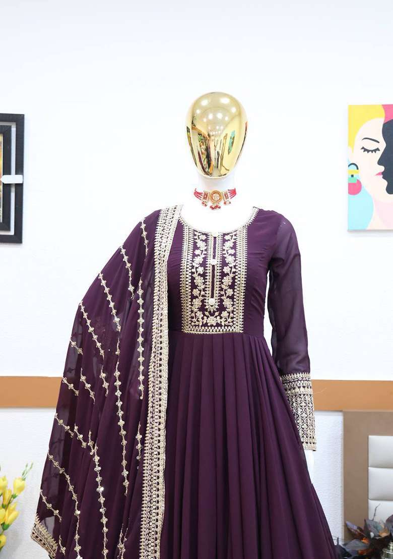 Wine Embroidery Georgette Gown With Dupatta - Indya
