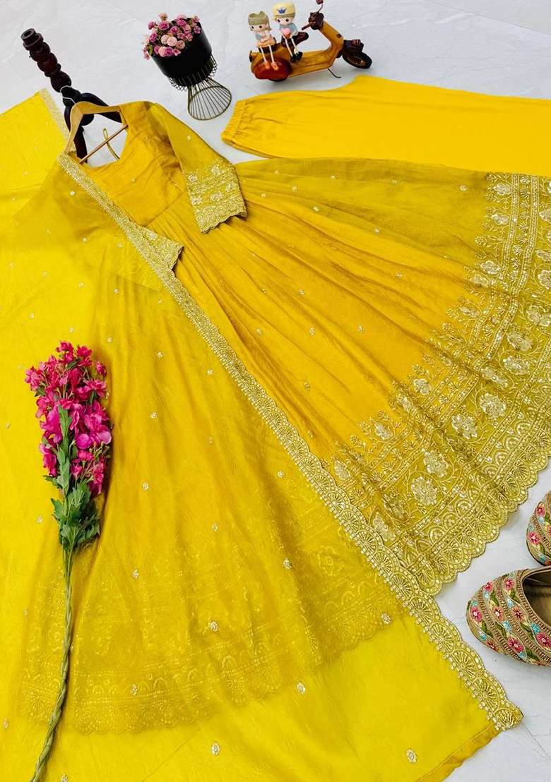 Mustard Embroidery Gold Crash Gown Set - Indya