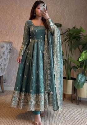 Teal Embroidery Silk Gown Set