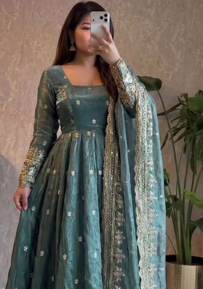 Teal Embroidery Silk Gown Set - Indya