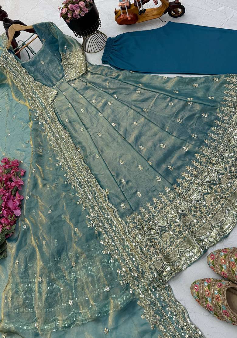 Teal Embroidery Silk Gown Set - Indya