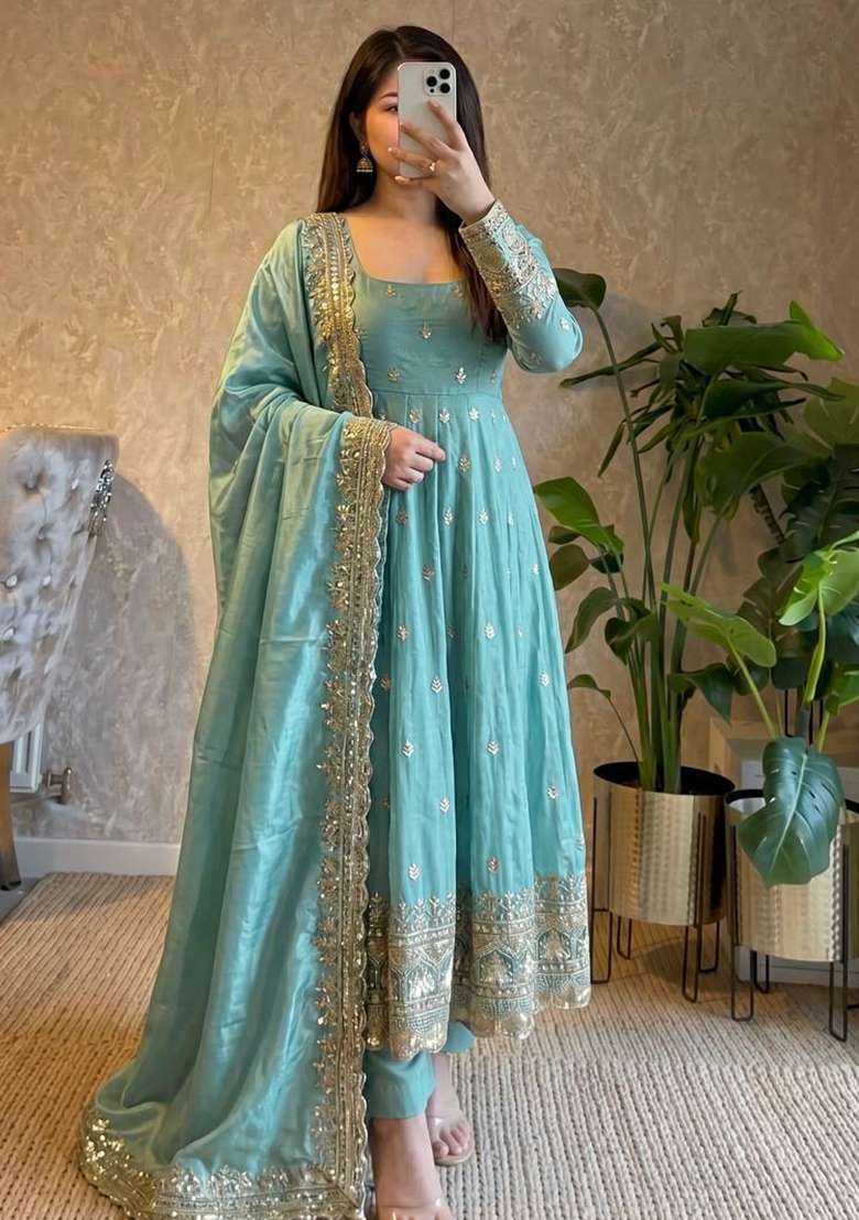 Sky Blue Embroidery Silk Gown Set - Indya