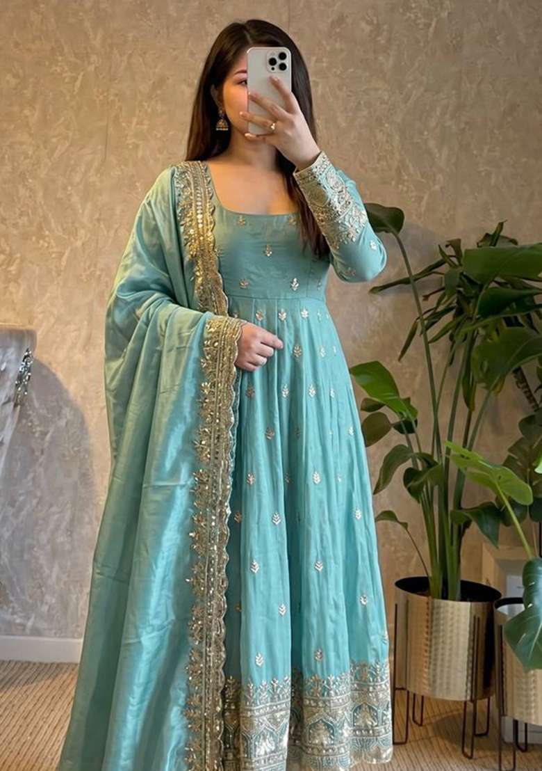 Sky Blue Embroidery Silk Gown Set - Indya