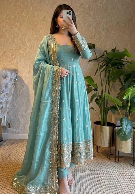 Sky Blue Embroidery Silk Gown Set