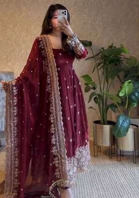 Brownish Purple Embroidery Silk Gown Set