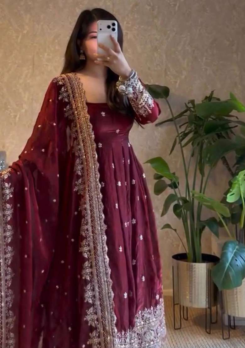 Brownish Purple Embroidery Silk Gown Set - Indya