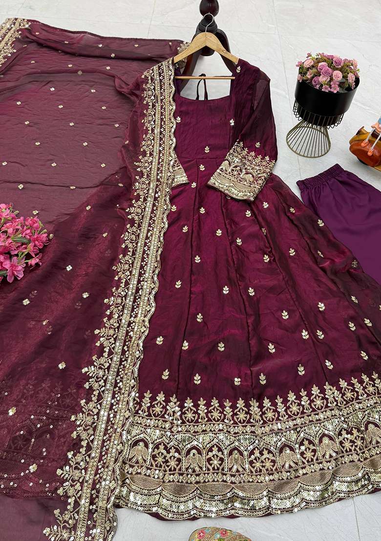 Brownish Purple Embroidery Silk Gown Set - Indya