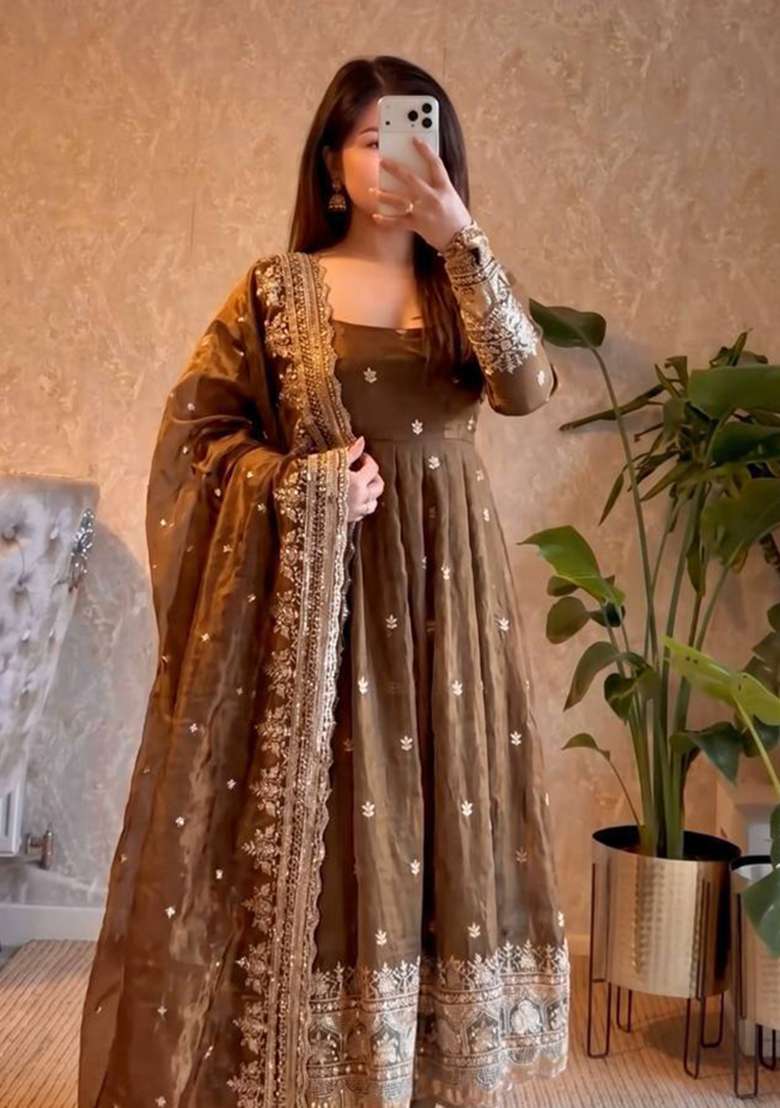 Brown Embroidery Silk Gown Set - Indya