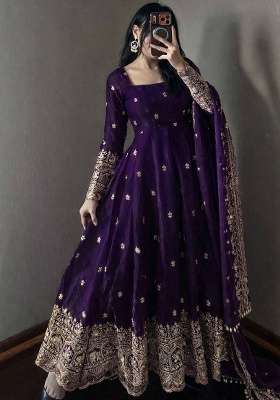 Purple Embroidery Silk Gown Set