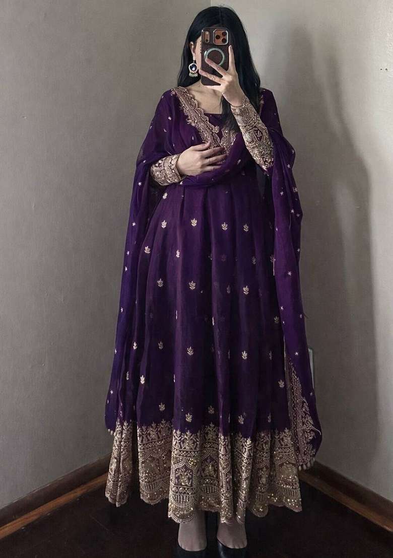 Purple Embroidery Silk Gown Set - Indya