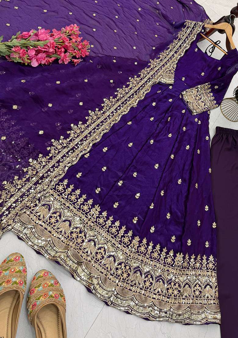 Purple Embroidery Silk Gown Set - Indya