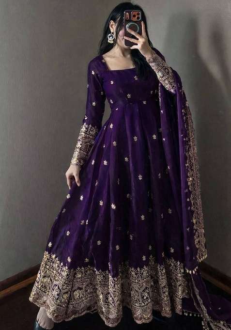 Purple Embroidery Silk Gown Set