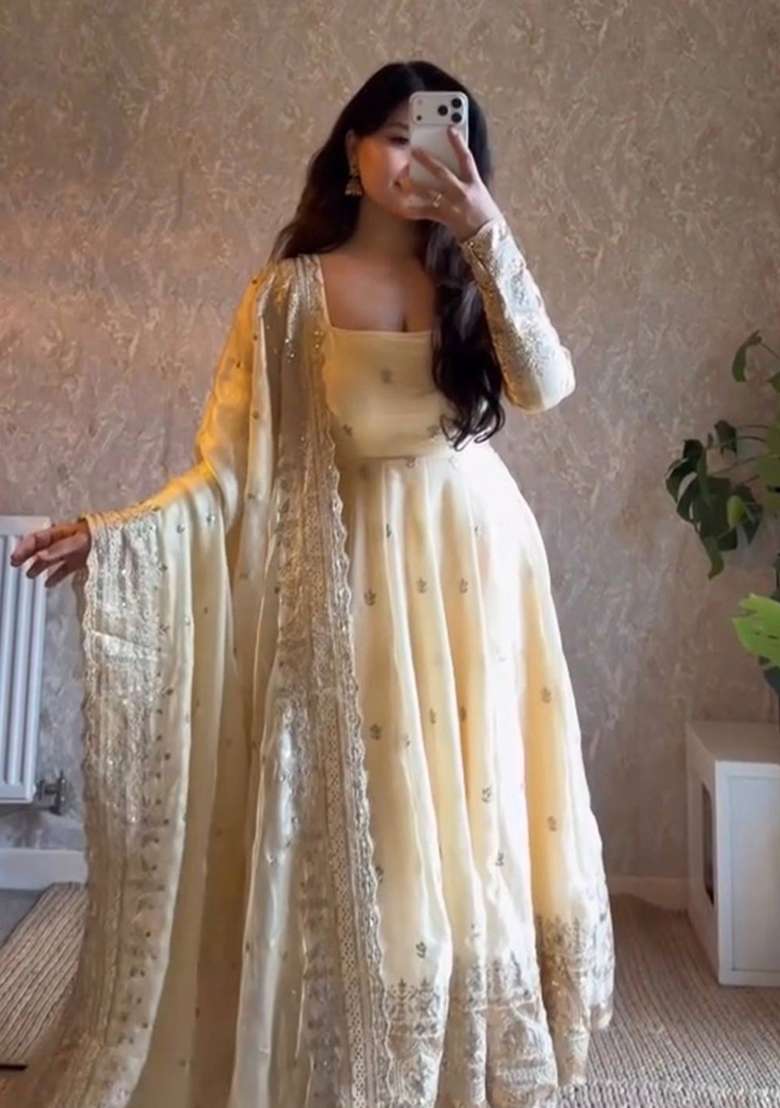 Off White Embroidery Silk Gown Set - Indya