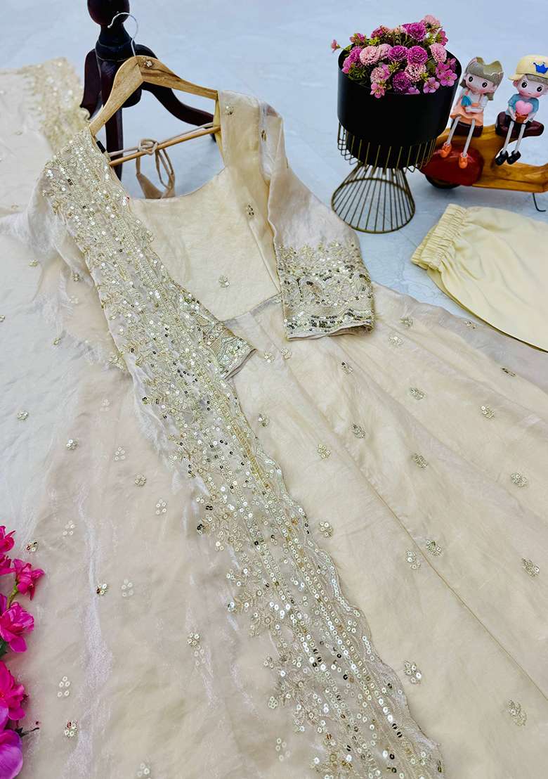 Off White Embroidery Silk Gown Set - Indya