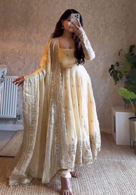 Off White Embroidery Silk Gown Set