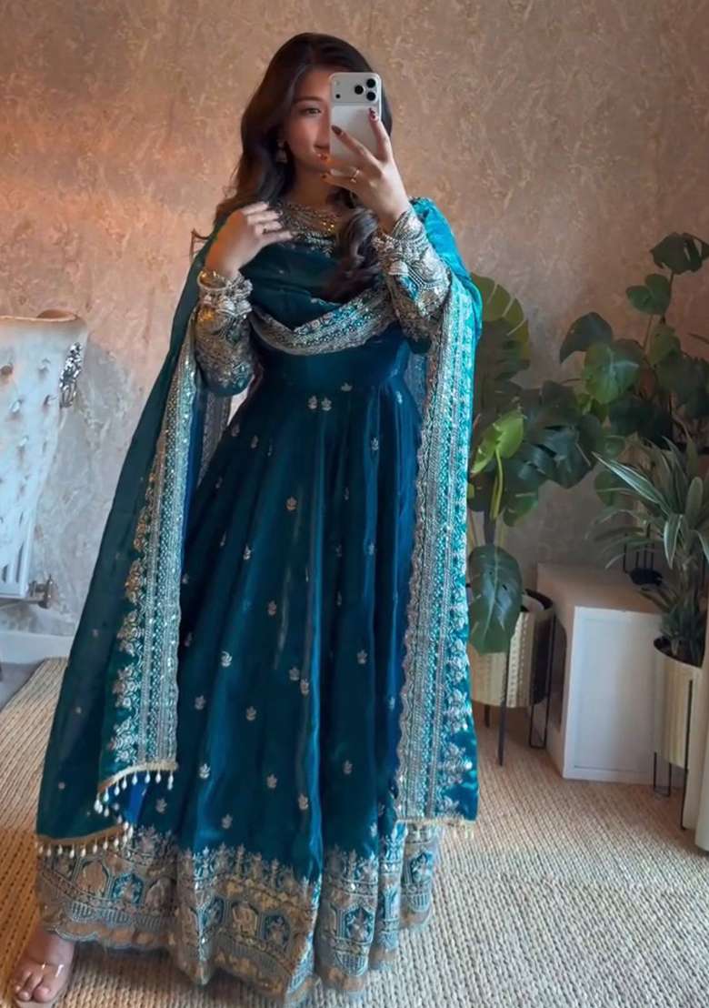 Blue Embroidery Silk Gown Set - Indya