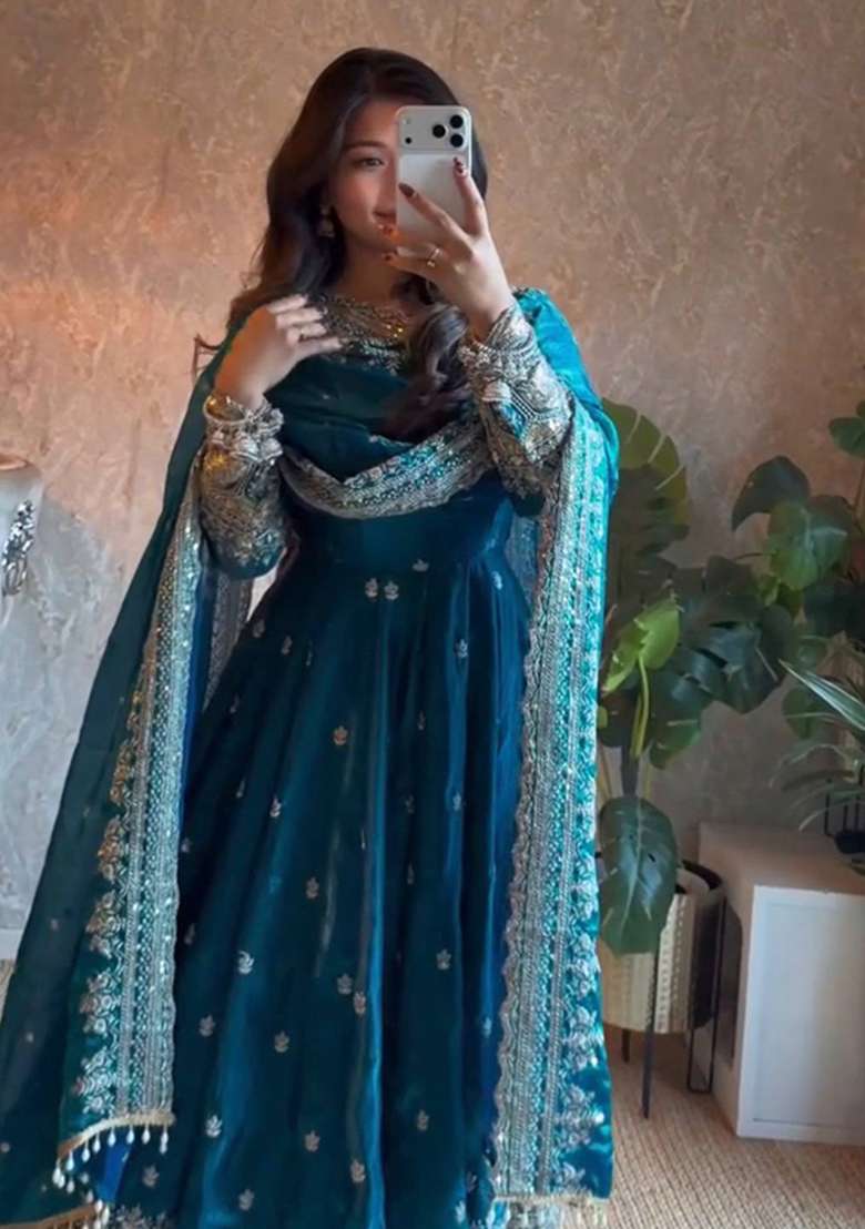 Blue Embroidery Silk Gown Set - Indya