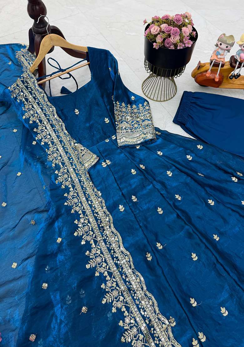 Blue Embroidery Silk Gown Set - Indya