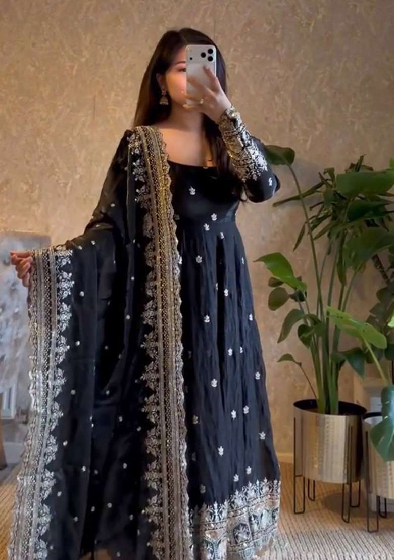 Black Embroidery Silk Gown Set - Indya