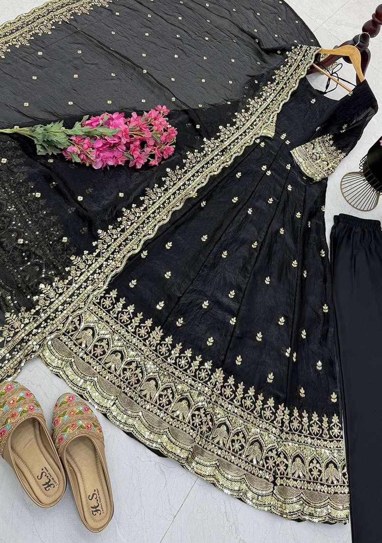Black Embroidery Silk Gown Set - Indya