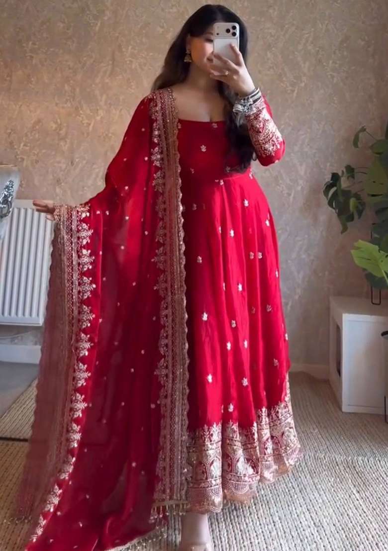 Red Embroidery Silk Gown Set - Indya