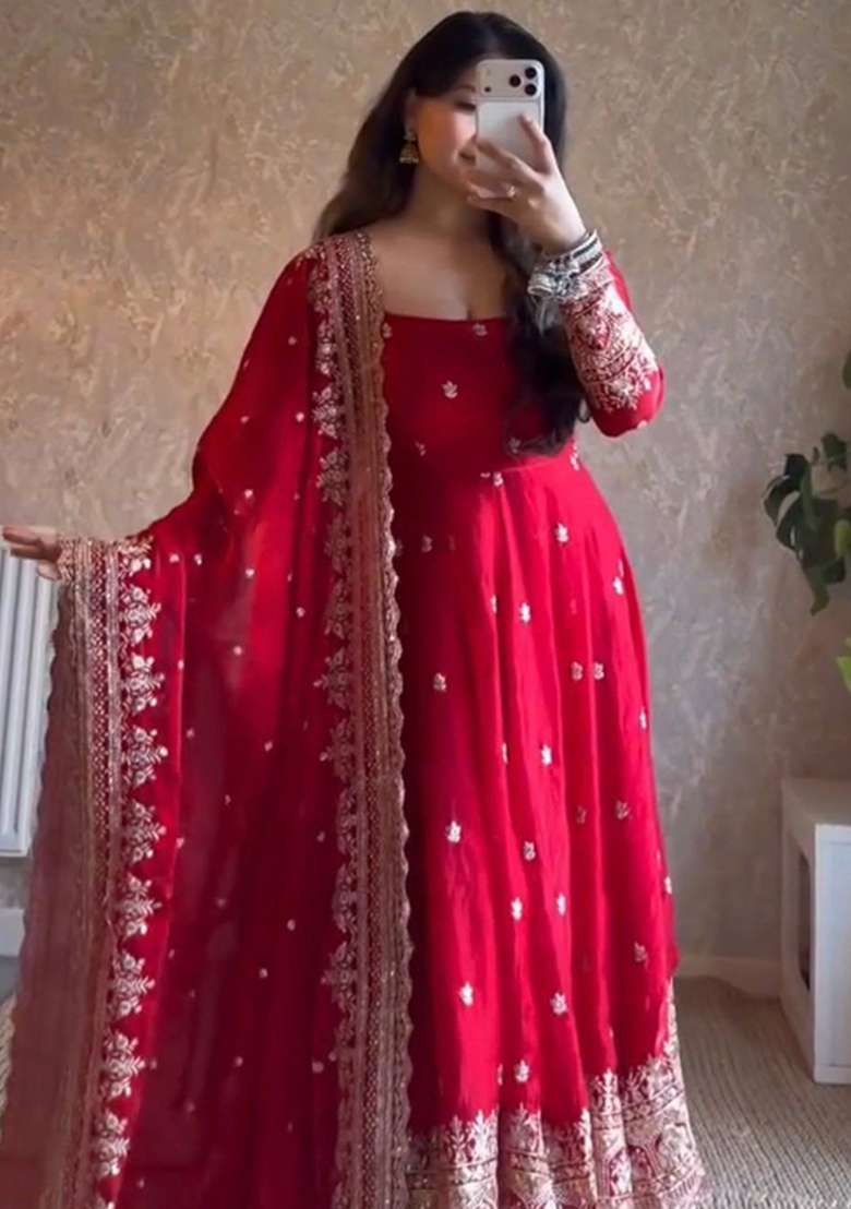 Red Embroidery Silk Gown Set - Indya