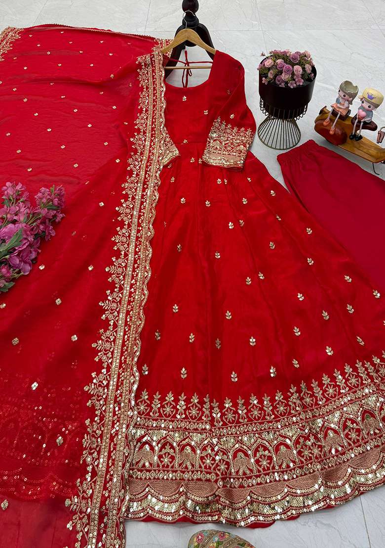 Red Embroidery Silk Gown Set - Indya