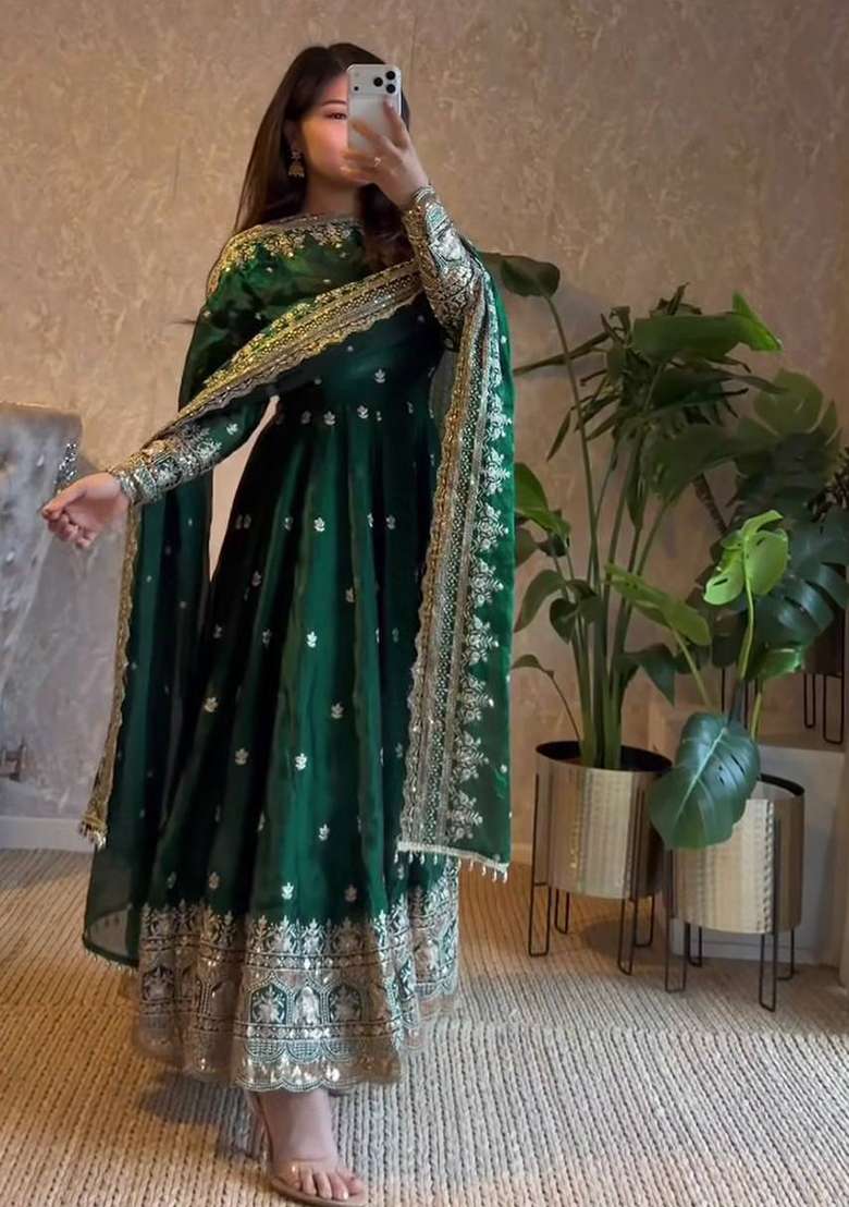 Dark Green Embroidery Silk Gown Set - Indya