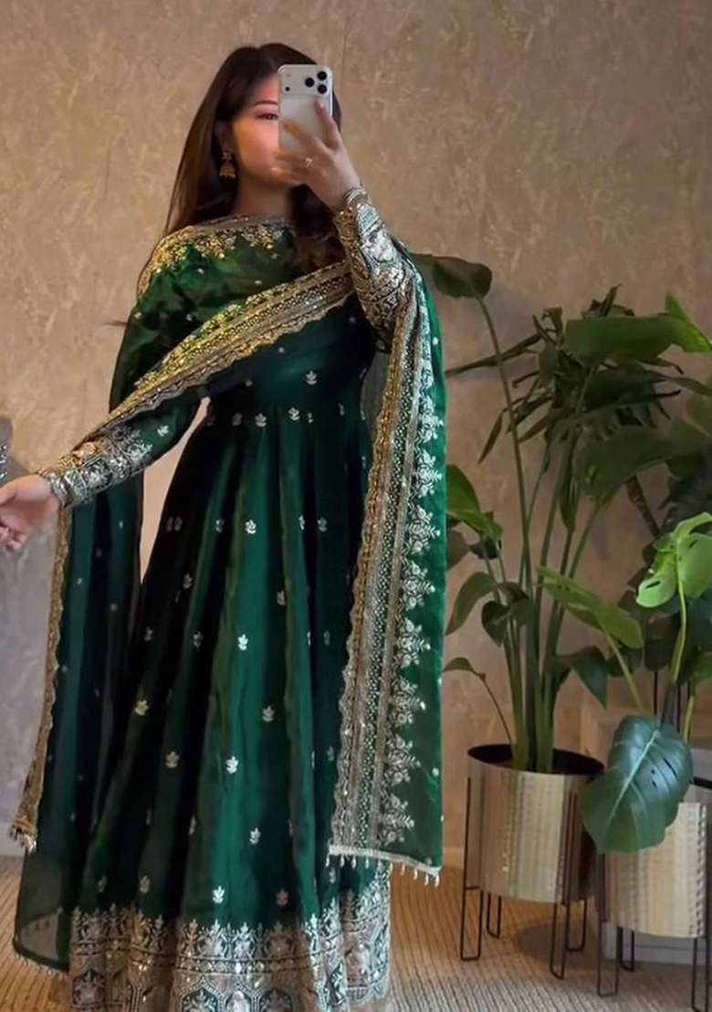Dark Green Embroidery Silk Gown Set - Indya