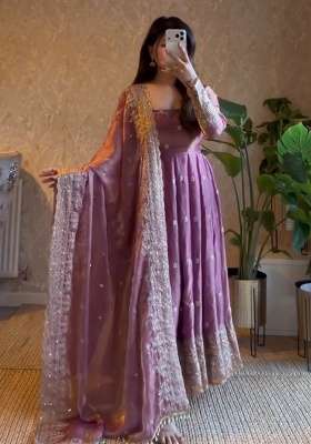 Lavender Embroidery Silk Gown Set